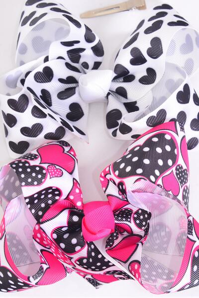 Hair Bow Jumbo Heart Mix Grosgrain Bow-tie / 12 pcs Bow = Dozen Alligator Clip , Size - 6" x 5" Wide , 6 of each Pattern Asst , Clip Strip & UPC Code