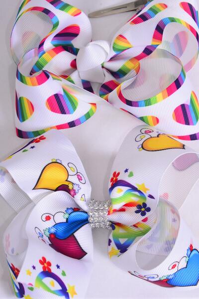 Hair Bow Jumbo Rainbow Hearts & Peace Sign Flower Power Mix Grosgrain Bow-tie / 12 pcs Bow = Dozen   Alligator Clip , Size - 6" x 5" Wide , 6 of each Pattern Asst , Clip Strip and UPC Code