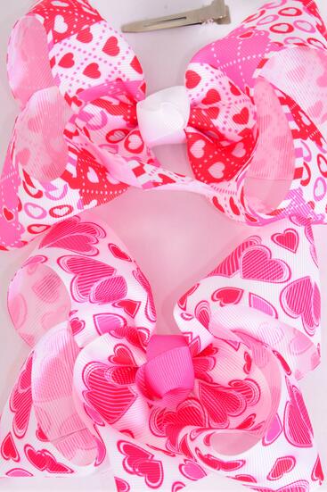 Hair Bow Jumbo Heart Hugg and Kiss Mix Grosgrain Bow-tie / 12 pcs Bow = Dozen  Alligator Clip , Size - 6" x 5" Wide , 6 of each Pattern Asst , Clip Strip & UPC Code