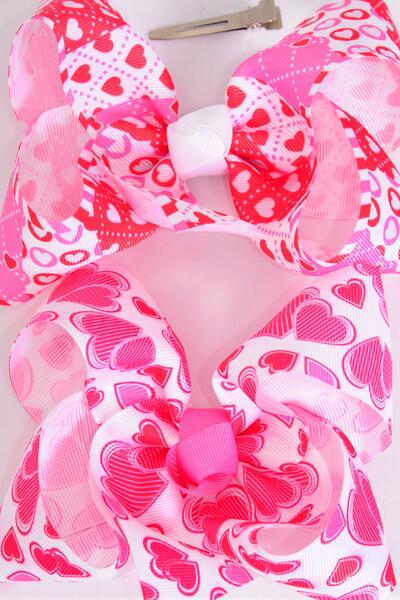 Hair Bow Jumbo Heart Hugg and Kiss Mix Grosgrain Bow-tie / 12 pcs Bow = Dozen  Alligator Clip , Size - 6" x 5" Wide , 6 of each Pattern Asst , Clip Strip & UPC Code