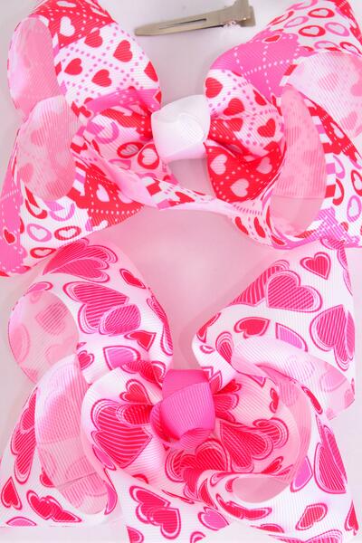 Hair Bow Jumbo Heart Hugg & Kiss Mix Grosgrain Bow-tie / 12 pcs Bow = Dozen Alligator Clip , Size - 6" x 5" Wide , 6 of each Pattern Asst , Clip Strip & UPC Code