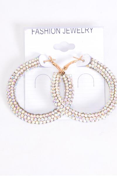 Earrings Hoop Iridescent AB Clear Post / 12 pair = Dozen Post , Iridescent AB Clear , Size - 1.75" Wide , Earring Card & OPP Bag & UPC Code