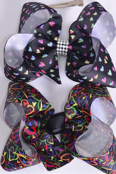 Hair Bow Jumbo Black Multi Hearts Grosgrain Bow-tie / 12 pcs Bow = Dozen Alligator Clip , Size - 6" x 5" Wide , 6 of each Pattern Asst , Clip Strip & UPC Code