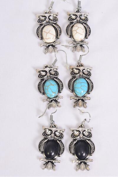 Earrings Metal Antique Owl Semiprecious Stone / 12 pair = Dozen match 27128 Fish Hook , Size - 1.25" x 0.75" Wide , 4 Black , 4 Ivory , 4 Turquoise Asst , Earring Card & OPP Bag & UPC Code