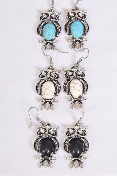 Earrings Metal Antique Owl Semiprecious Stone / 12 pair = Dozen match 27128 70129 Fish Hook , Size - 1.25" x 0.75" Wide , 4 Black , 4 Ivory , 4 Turquoise Asst , Earring Card & OPP Bag & UPC Code 