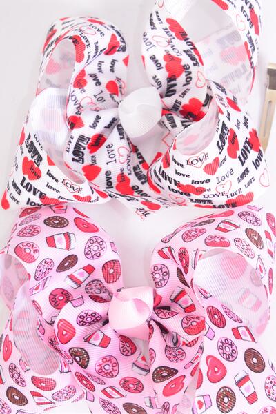 Hair Bow Jumbo Love Words Heart Doughnut Mix Grosgrain Bow-tie / 12 pcs Bow = Dozen Alligator Clip , Size - 6" x 5" Wide , 6 of each Pattern Asst , Clip Strip & UPC Code