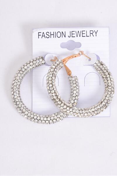 Earrings Hoop Gold Clear Stone Post / 12 pair = Dozen Post , Size - 1.75" Wide , Earring Card & OPP Bag & UPC Code