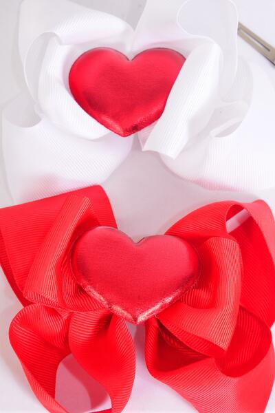 Hair Bow Jumbo Double Layered Center Large Red Metallic Puffy Heart Grosgrain Bow-tie / 12 pcs Bow = Dozen Alligator Clip , Size - 6" x 5" ,  6 Red , 6 White Color Asst , Clip Strip & UPC Code