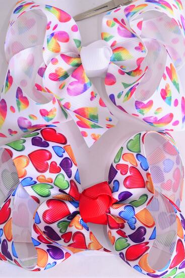 Hair Bow Jumbo Multi Hearts Grosgrain Bow-tie / 12 pcs Bow = Dozen Alligator Clip , Size - 6" x 5" Wide , 6 of each Pattern Asst , Clip Strip & UPC Code