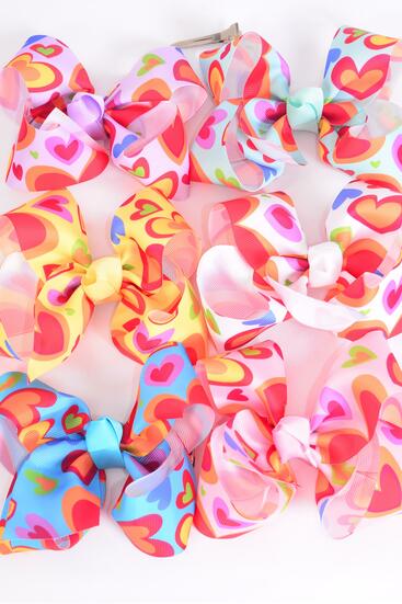 Hair Bow Jumbo Hearts Grosgrain Bow-tie Multi / 12 pcs Bow Dozen  Alligator Clip , Size - 6" x 5" Wide , 2 Blue , 2 Baby Pink , 2 Yellow , 2 Mint Green , 2 Lavender , 2 White Color Asst , Clip Strip & UPC Code