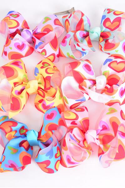 Hair Bow Jumbo Hearts Grosgrain Bow-tie Multi / 12 pcs Bow Dozen  Alligator Clip , Size - 6" x 5" Wide , 2 Blue , 2 Baby Pink , 2 Yellow , 2 Mint Green , 2 Lavender , 2 White Color Asst , Clip Strip & UPC Code