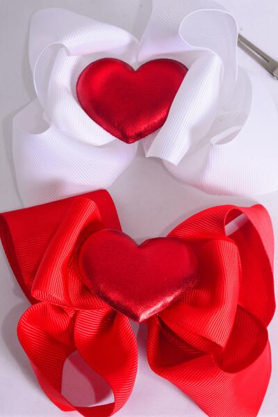Hair Bow Jumbo Double Layered Center Large Red Metallic Puffy Heart Grosgrain Bow-tie / 12 pcs Bow = Dozen Alligator Clip , Size- 6" x 5" Wide , 6 Red , 6 White Asst , Clip Strip & UPC Code