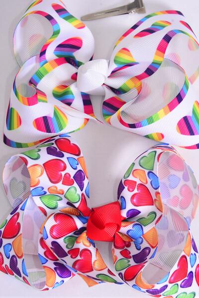 Hair Bow Jumbo Multi Hearts Grosgrain Bow-tie / 12 pcs Bow = Dozen Alligator Clip , Size - 6" x 5" Wide , 6 of each Pattern Asst , Clip Strip & UPC Code