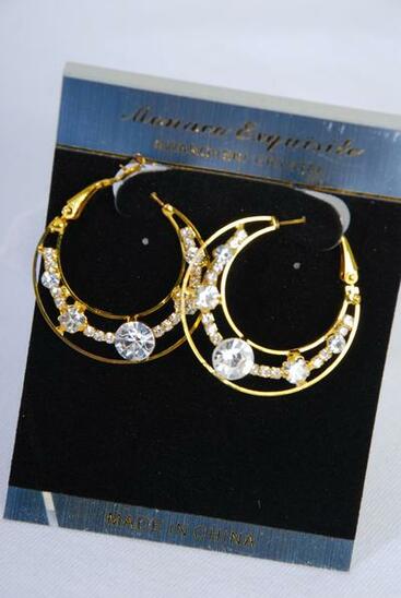 Earring Boutique Gold Loop Clear Rhinestone / PC Gold , Size - 1.5" Wide , Black Velvet Earring Card & OPP bag & UPC Code 