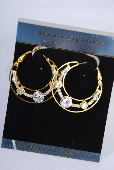 Earrings Boutique Loop Clear Rhinestone / PC Post , Size -1.5" Wide , Black Velvet Earring Card & OPP Bag & UPC Code , Choose Gold or Silver Finishes