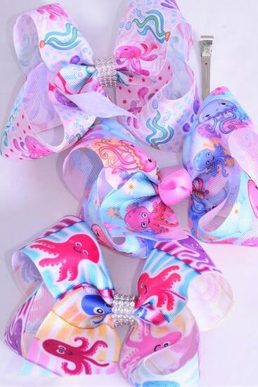 Hair Bow Jumbo Happy Octopus Mix Grosgrain Bow-tie / 12 pcs Bow = Dozen Alligator Clip , Size - 6" x 5" Wide , 4 Of Each Pattern Asst , Clip Strip and UPC Code
