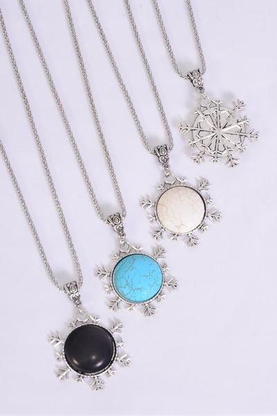 Necklace Silver Chain Metal Antique Snowflake Semiprecious Stone / 12 ...