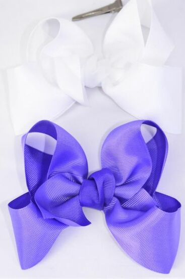 Hair Bow Jumbo Lilac & White Mix Grosgrain Bow-tie / 12 pcs Bow = Dozen Lilac & White Mix , Alligator Clip , Size - 6" x 5" Wide , 6 Lilic , 6 White Color Asst , Clip Strip & UPC Code