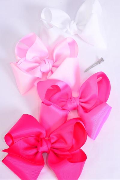 Hair Bow Jumbo Pink Mix Grosgrain Bow-tie / 12 pcs Bow = Dozen  Alligator Clip , Size - 6" x 5" Wide , 3 White, 3 Baby Pink , 3 Hot Pink , 3 Fuchsia Color Asst , Clip Strip & UPC Code