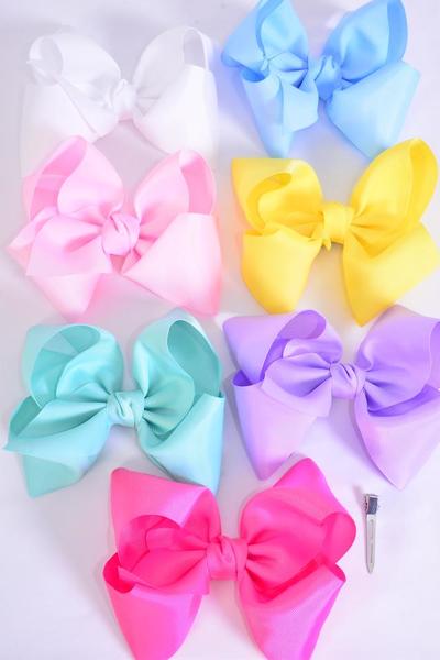 Hair Bow Extra Jumbo Cheer Type Bow Pastel Alligator Clip Grosgrain Bow-tie / 12 pcs Bow = Dozen   Alligator Clip , Size-8"x 7" , 2 White , 2 Baby Pink , 2 Lavender , 2 Blue , 2 Yellow , 1 Hot Pink , 1 Mint Green Color Asst , Clip Strip & UPC Code