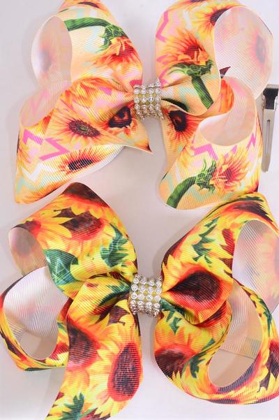 Hair Bow Jumbo Happy Sunflowers Grosgrain Bow-tie / 12 pcs Bow = Dozen  Alligator Clip , Size-6"x 5" Wide , 6 Of Each Pattern Asst , Clip Strip and UPC Code