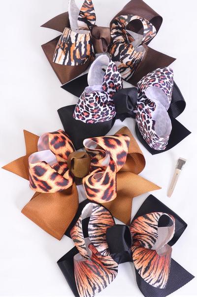 Hair Bow Jumbo Double Layered Leopard Tiger Pattern Mix Grosgrain Bow-tie / 12 pcs Bow = Dozen  Alligator Clip , Size - 6"x 5" Wide , 3 of each Pattern , Clip Strip & UPC Code