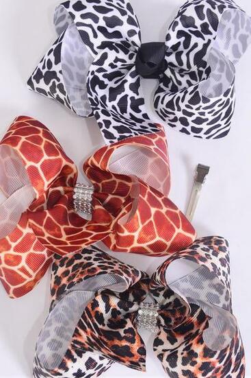 Hair Bow Jumbo Leopard Giraffe Pattern Mix Grosgrain Bow-tie / 12 pcs Bow = Dozen Alligator Clip , Size - 6" x 5" Wide , 4 of each Pattern Asst , Clip Strip & UPC Code