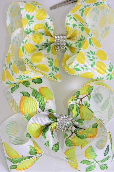 Hair Bow Jumbo Lemon Mix Grosgrain Bow-tie /  12 pcs Bow = Dozen Alligator Clip , Size - 6" x 5" Wide , 6 of each Pattern Asst , Clip Strip & UPC Code