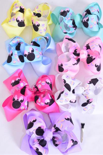 Hair Bow Jumbo Double Layered Mouse Ear Easter Egg Mix Pastel Grosgrain Bow-tie / 12 pcs Bow = Dozen Alligator Clip , Size - 6" x 5" Wide , 2 White , 2 Pink , 2 Lavender, 2 Hot Pink , 2 Mint Green ,  1 Blue , 1 Yellow Color Mix , Clip Strip & UPC Code