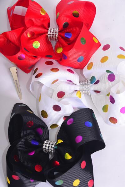 Hair Bow Jumbo Metallic Holographic Polka dots Red White Black Mix Grosgrain Bow-tie / 12 pcs Bow = Dozen Alligator Clip , Size - 6 "x 5" Wide , 4 Red , 4 White , 4 Black Color Asst , Clip Strip & UPC Code
