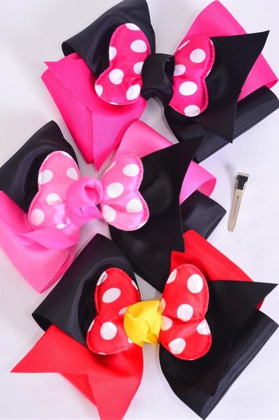 Hair Bow Extra Jumbo Cheer Type Bow Double Layered Polka dot Grosgrain Bow-tie Pink Mix / 12 pcs Bow = Dozen Alligator Clip, Size - 7" x 6" Wide , 4 of each Pattern Asst , Clip Strip & UPC Code