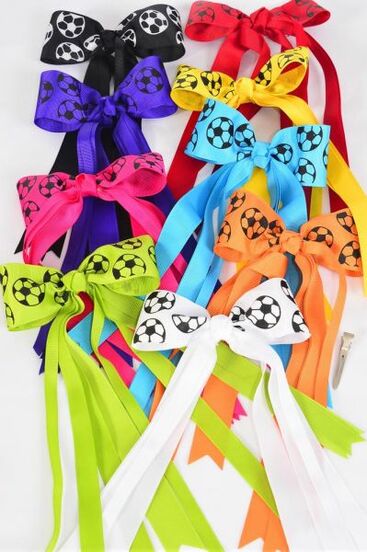 Hair Bow Long Tail Soccer Sport Grosgrain Bow-tie Multi / 12 pcs Bow = Dozen Alligator Clip , 6.5  x 6" Wide , 2 Fuchsia , 2 White , 2 Black , 1 Lime , 1 Orange , 1 Blue , 1 Red , 1 Yellow , 1 Purple Mix , Clip Strip & UPC Code