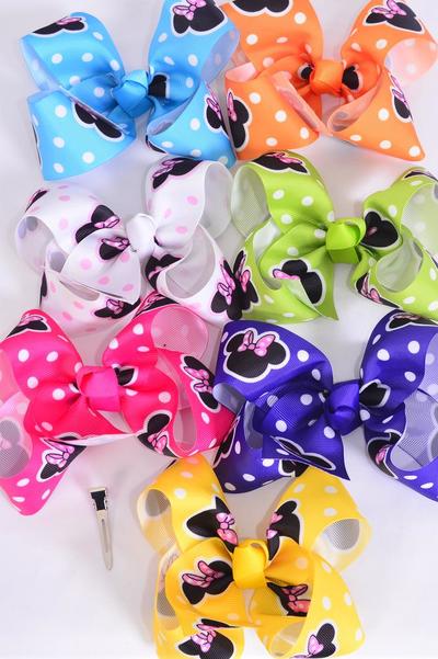 Hair Bow Jumbo Polka dots Mouse Ear Grosgrain Bow-tie / 12 pcs Bow = Dozen Alligator Clip , Size - 6" x 5" Wide , 2 Fuchsia , 2 Blue , 2 White , 2 Purple , 2 Yellow , 1 Orange , 1 Lime Color Asst , Clip Strip & UPC Code