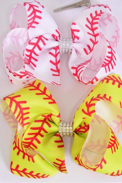 Hair Bow Jumbo Softball Baseball Pattern Mix Grosgrain Bow-tie / 12 pcs Bow = Dozen Alligator Clip , Size- 6"x 5" Wide , 6 Of Each Pattern Asst , Clip Strip & UPC Code
