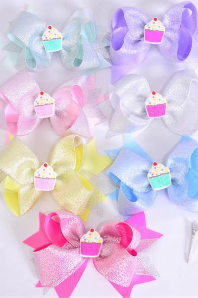 Hair Bow Jumbo Double Layered Muffin Cupcake Muffin Charm Pastel Grosgrain Bow-tie / 12 pcs Bow = Dozen Alligator Clip , Bow - 6" x 5" Wide , 2 White , 2 Lavender , 2 Baby Pink , 2 Hot Pink , 2 Mint Green , 1 Blue , 1 Yellow Asst , Clip Strip & UPC Code