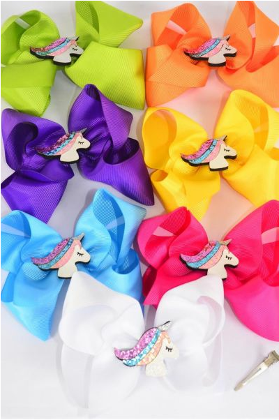 Hair Bow Jumbo Center Glitter Unicorn Charm Grosgrain Bow-tie Citrus / 12 pcs Bow = Dozen Alligator Clip , Size - 6" x 5" Wide , 2 White , 2 Fuchsia , 2 Purple , 2 Yellow , 2 Blue , 1 Lime , 1 Orange Color Asst , Clip Strip & UPC Code