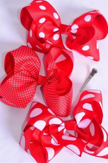Hair Bow Jumbo Red Polka dots Mix Grosgrain Bow-tie / 12 pcs Bow = Dozen  Alligator Clip , Size - 6"x 5" Wide , 4 Of each Pattern Mix , Clip Strip & UPC Code