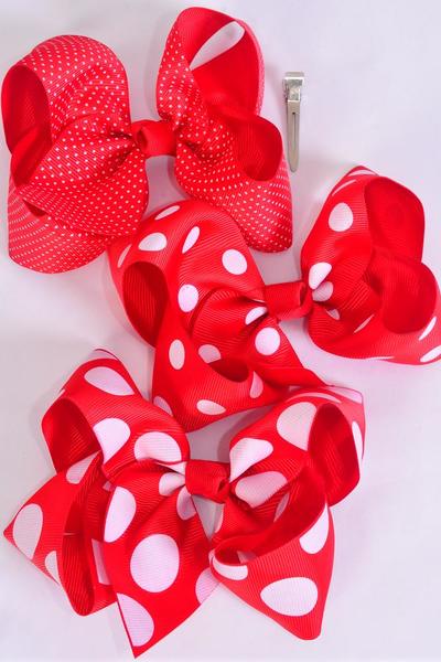 Hair Bow Jumbo Red Polka dots Mix Grosgrain Bow-tie / 12 pcs Bow = Dozen Alligator Clip , Size - 6" x 5" Wide , 4 of each Pattern Mix , Clip Strip & UPC Code