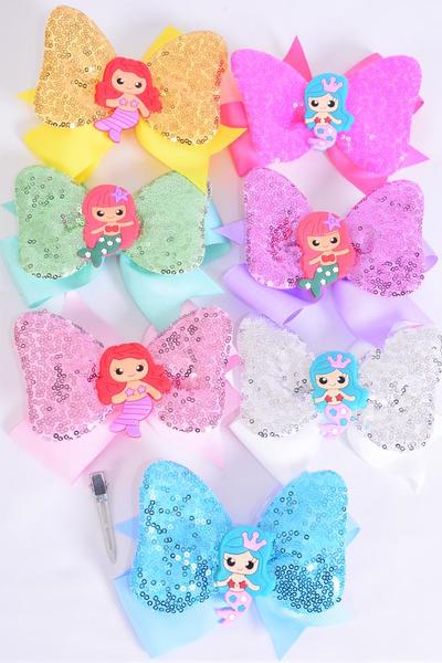 Hair Bow Jumbo Double Layered Flip Sequin Mermaid Charm Pastel Grosgrain Bow-tie / 12 pcs Bow = Dozen Alligator Clip , Size - 6" x 6", 2 White , 2 Baby Pink , 2 Lavender , 2 Hot Pink , 2 Mint Green ,1 Blue ,1 Yellow Color Asst , Clip Strip & UPC Code