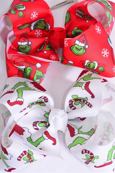 Hair Bow Jumbo Christmas Grinch Mix Grosgrain Bow-tie /  12 pcs Bow = Dozen  Alligator Clip , Size - 6" x 5" Wide , 6 Of Each Pattern Asst , Clip Strip & UPC Code