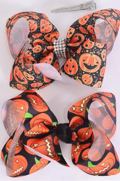 Hair Bow Jumbo Halloween Jack Olantern Happy Pumpkin Mix Grosgrain Bow-tie / 12 pcs Bow = Dozen Alligator Clip , Size - 6" x 5" Wide , 6 Of each Pattern Mix , Clip Strip & UPC Code