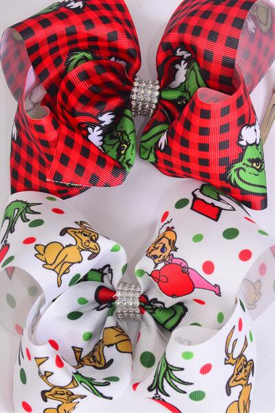 Hair Bow Jumbo Christmas Grinch Mix Grosgrain Bow-tie / 12 pcs Bow = Dozen match 01012 Alligator Clip , Size - 6" x 5" Wide , 6 Of Each Pattern Asst , Clip Strip & UPC Code