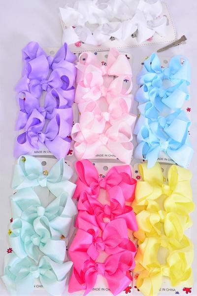 Hair Bows 48 pcs Grosgrain Bow-tie Pastel / 12 card = Dozen  Alligator Clip , Size - 3"x 2" , 2 white , 2 Baby Pink , 2 Hot Pink , 2 Yellow , 2 Lavender , 1 Blue , 1 Mint Green Color Asst , Clip Strip & UPC Code