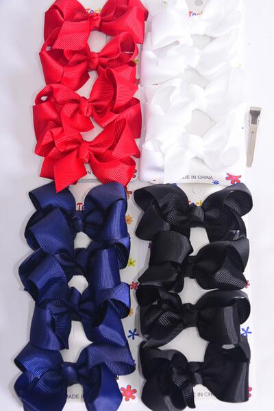 Hair Bows 48 pcs Grosgrain Bow-tie Red White Black Navy Mix / 12 card = Dozen Alligator Clip , Bow Size - 3" x 2" Wide , 3 of each Color Asst , 4 pcs per card , 12 card = Dozen