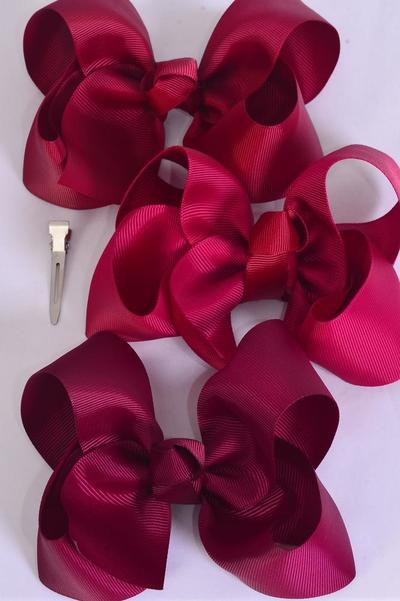 Hair Bow Jumbo Burgundy Mix Grosgrain Bow-tie / 12 pcs Bow = Dozen Alligator Clip , Size - 6" x 5" Wide , 4 Wine, 4 Burgundy , 4 Sherry Color Asst , Clip Strip & UPC Code