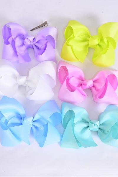 Hair Bow Jumbo Spring Breeze Grosgrain Bow-tie / 12 pcs Bow = Dozen  Alligator Clip , Size - 6" x 5" Wide , 2 Lime , 2 White , 2 Sky Blue , 2 Pink , 2 Lavender , 2 Mint Green Color Asst , Clip Strip and UPC Code