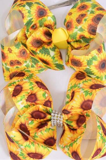 Hair Bow Jumbo Happy Sunflowers Grosgrain Bow-tie / 12 pcs Bow = Dozen  Alligator Clip , Size- 6"x 5" Wide , 6 Of Each Pattern Asst , Clip Strip and UPC Code