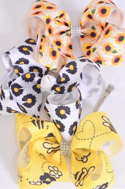 Hair Bow Jumbo Sunflower Honey Bee Daisy Flower Mix Grosgrain Bow-tie / 12 pcs Bow = Dozen  Alligator Clip , Size - 6" x 5" Wide , 4 Of Each Pattern Asst , Clip Strip and UPC Code