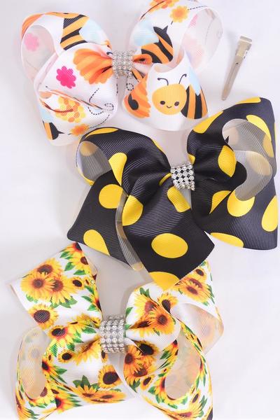 Hair Bow Jumbo Sunflower Honey Bee Polka dots Mix Grosgrain Bow-tie / 12 pcs Bow = Dozen Alligator Clip , Size - 6" x 5" Wide , 4 Of Each Pattern Asst , Clip Strip and UPC Code