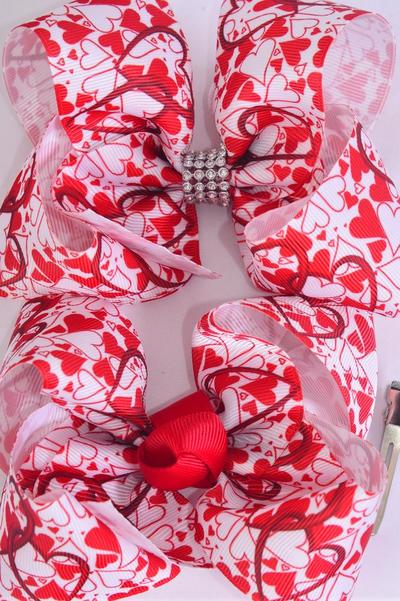 Hair Bow Jumbo Hearts Print Grosgrain Bow-tie / 12 pcs Bow = Dozen Alligator Clip , Size - 6" x 5" Wide , 6 Of Each Pattern Asst , Clip Strip And UPC Code